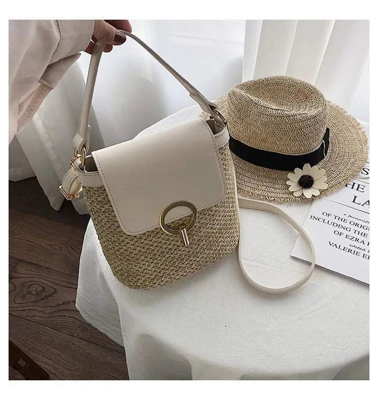 Summer new simple straw shoulder beach bag - White