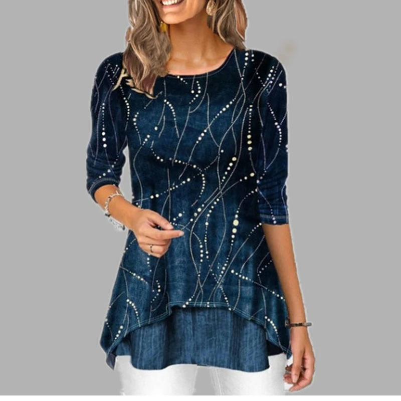 Round Neck Paneled Five-Sleeve Print T-Shirt