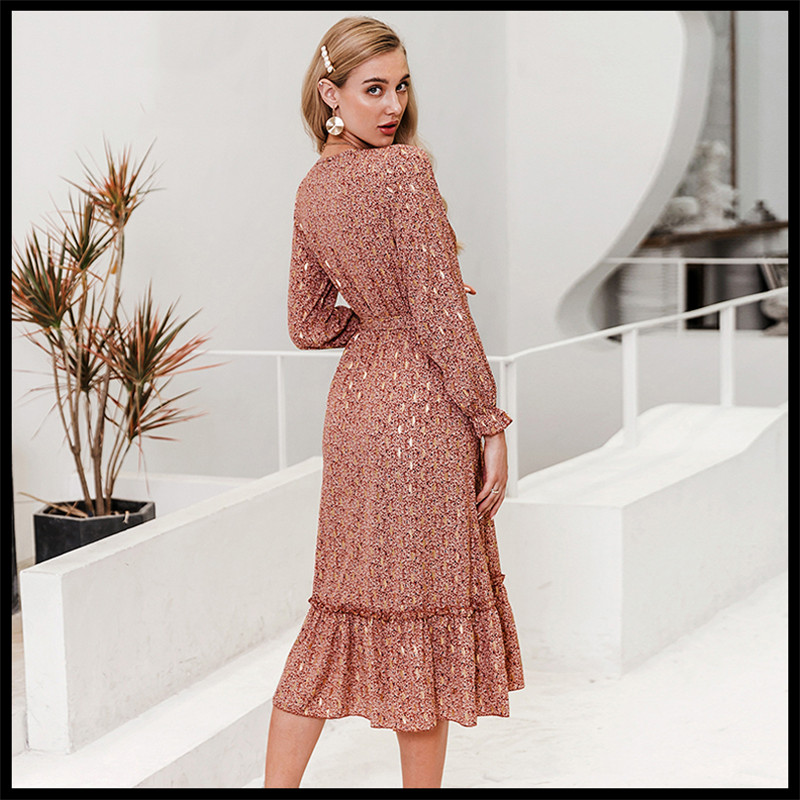 Printed belt ruffle dress