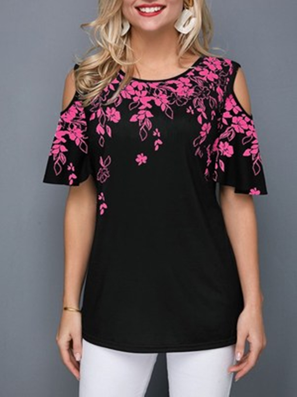 Round Neck Print Off-Shoulder Short Sleeve T-Shirt