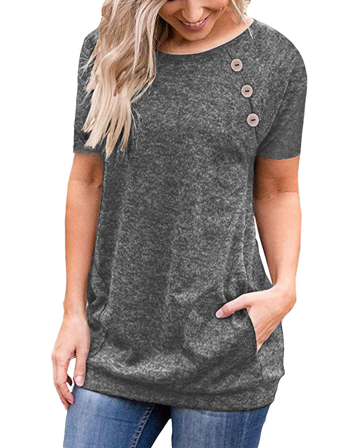 Round Neck Pocket Button Short Sleeve