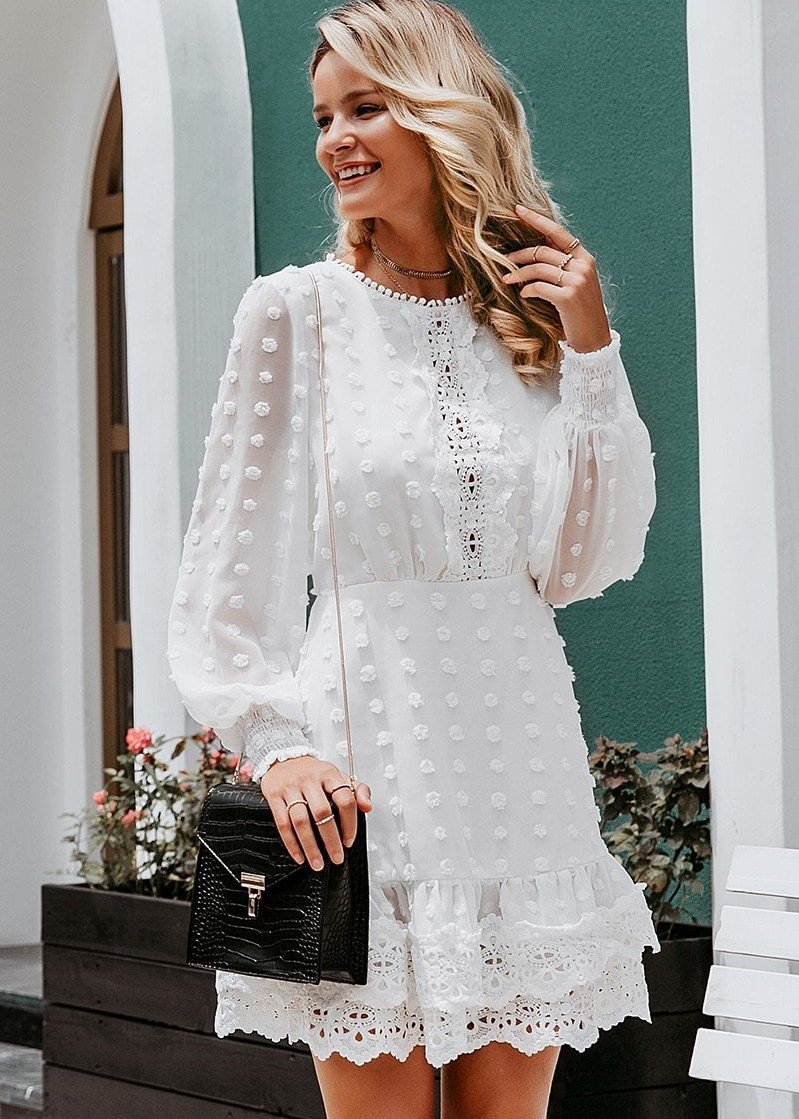 Floral stitching A-line skirt lantern sleeves