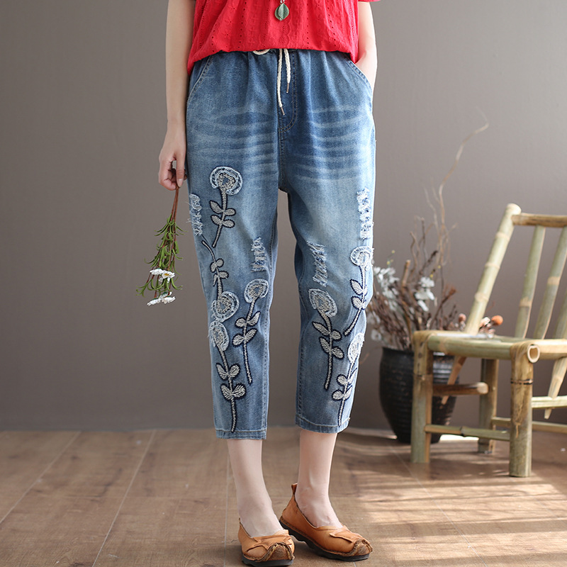 Patch embroidered literary fan hole harem pants
