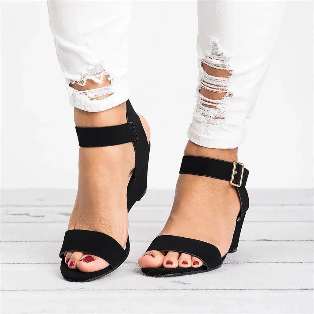 Women's high-heeled wedge sandals - Black