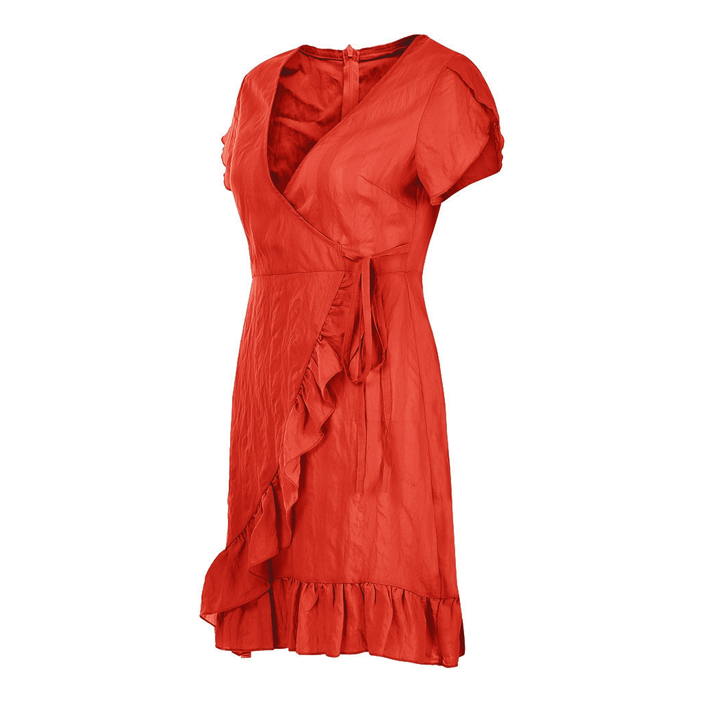 V-neck short sleeve ruffled lace dress