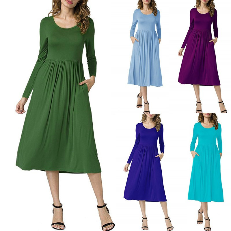 Solid Color Round Neck Long Sleeve Panel Slim Fit Dress