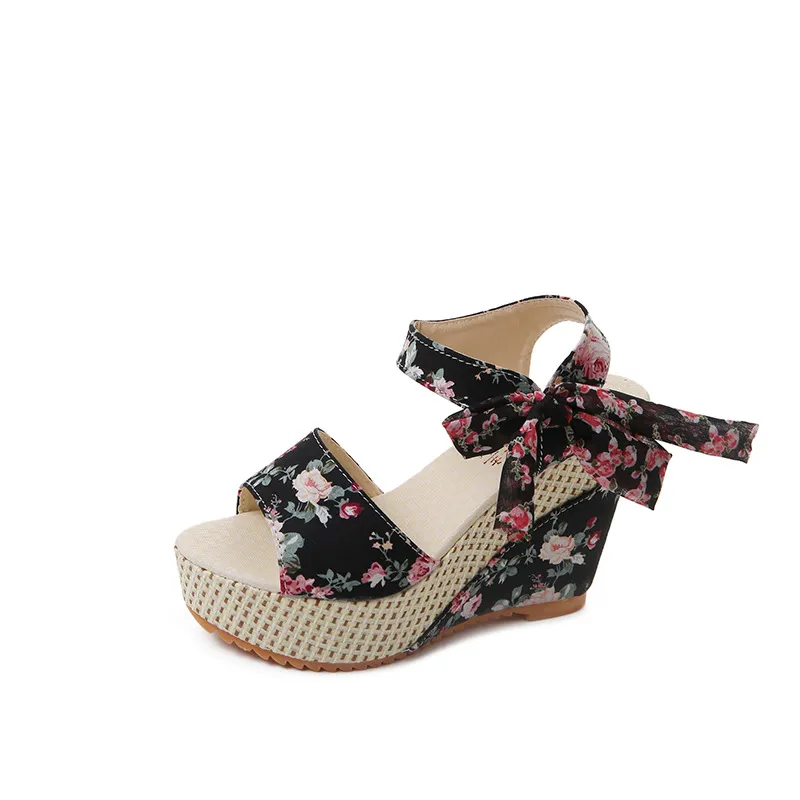 Bohemian Platform Heel Wedge Heel Women's Sandals - Black