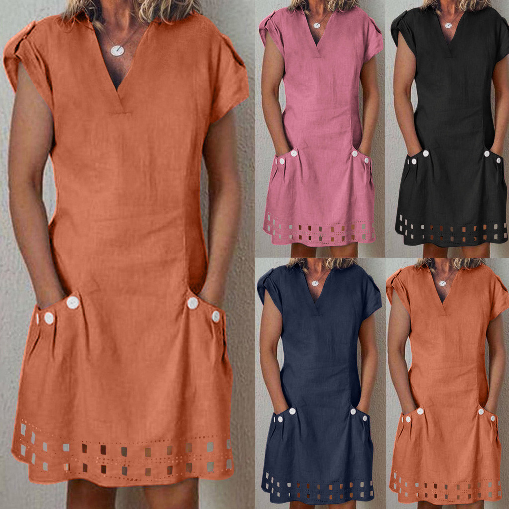 Loose V-neck casual cotton and linen skirt