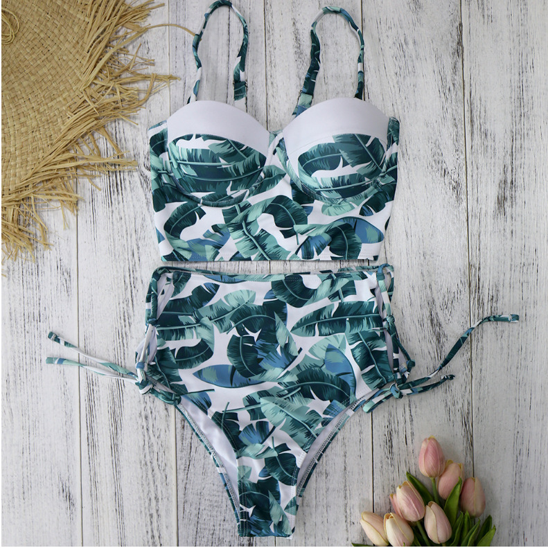 Cutout Lace Up Bikini Tropical Leaf Print Swimsuit