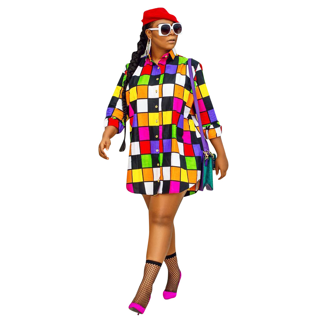 Fashion Colorful Checkered Joker Shirt Loose Sun Dress