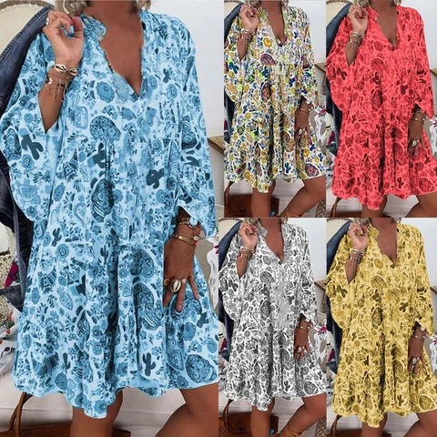 Printed Collar Buttoned Ruffle Dress