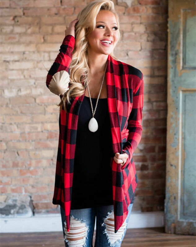 Autumn and winter plaid printed stitching long-sleeved cardigan jacket