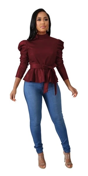 Solid Leather Peplum Turtleneck Top FREE SHIPPING