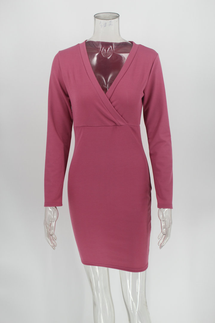 Sexy Deep V Bag Buttocks Waist Solid Color Long Sleeve Dress