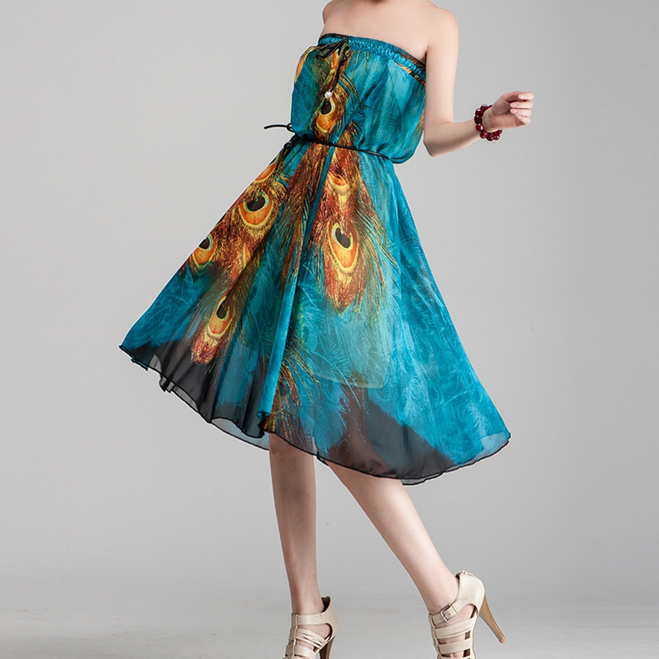 Peacock feather print round neck skirt