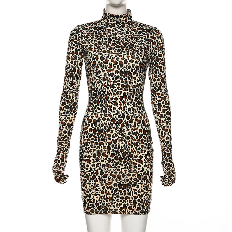 Leopard Print Sleeve Long Finger Dress