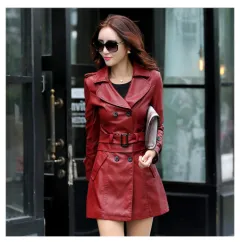 Slim-fit PU leather trench coatrench - Wine Red - View 1