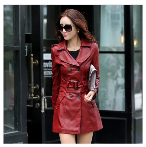 Slim fit PU leather trench coatrench Wine Red - Shop at LoveMi