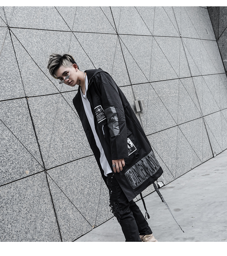 Hooded embroidered patch pocket midi trench coat