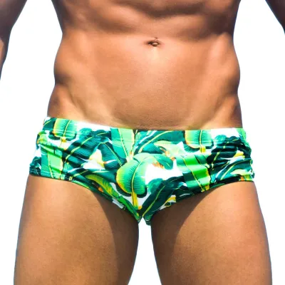 Green leaf seaside sexy triangle swim trunks