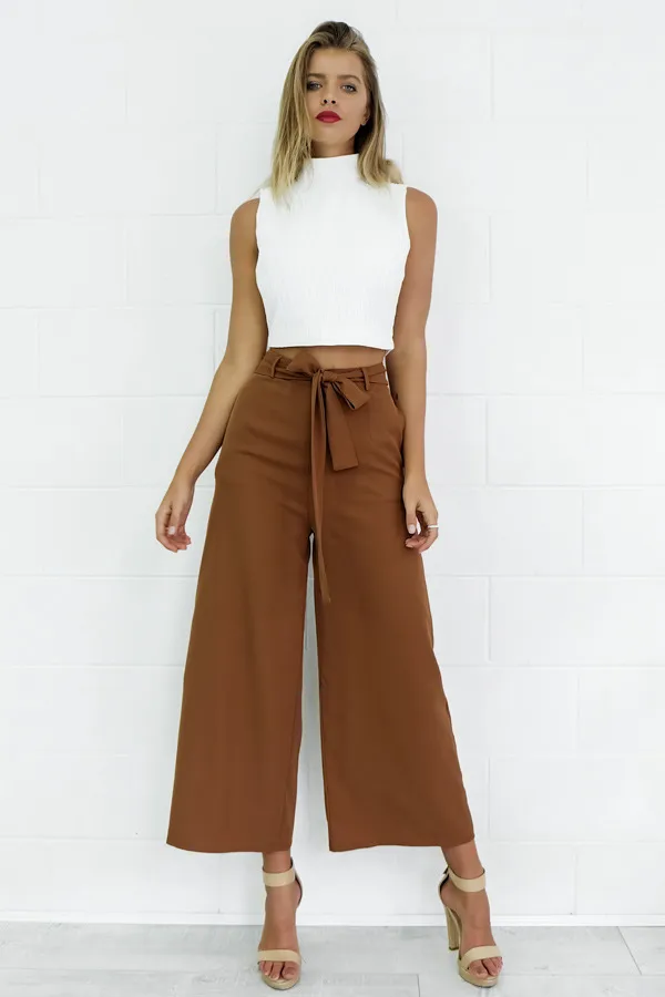 Cropped trousers high waist strap wide leg pants Brown - Shop at LoveMi