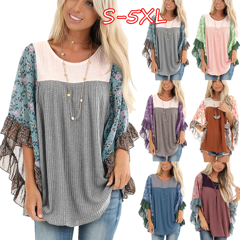 Bat sleeve print patchwork sweater