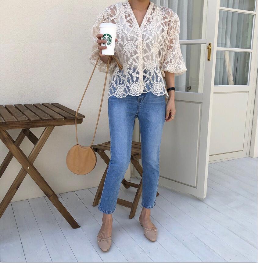 Summer New Fairy V-neck Lantern Sleeve Lace Embroidered Shirt Top