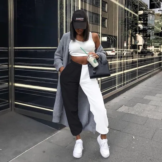 High waist stitching casual pants Black - Shop at LoveMi