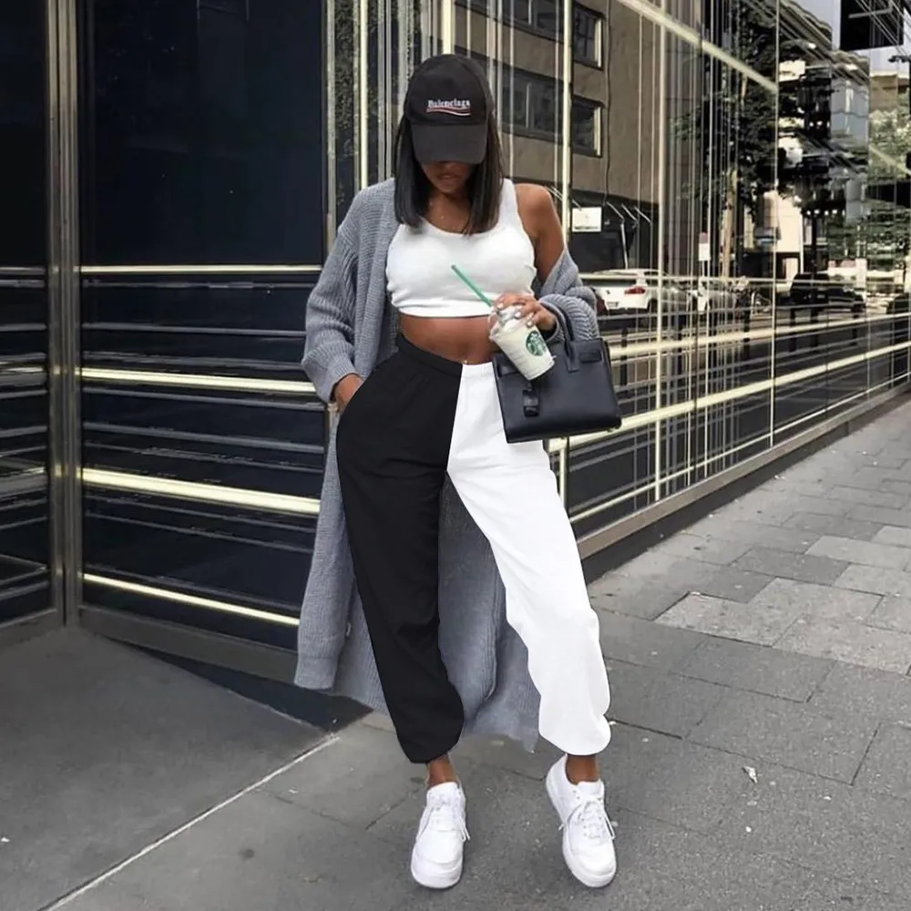 High waist stitching casual pants - Black