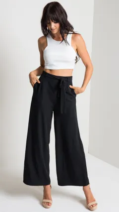 Cropped trousers high waist strap wide leg pants - Black - View 1