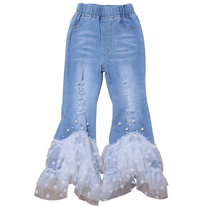 Girls' jeans spring and autumn stretch flared pants Blue - Shop at LoveMi