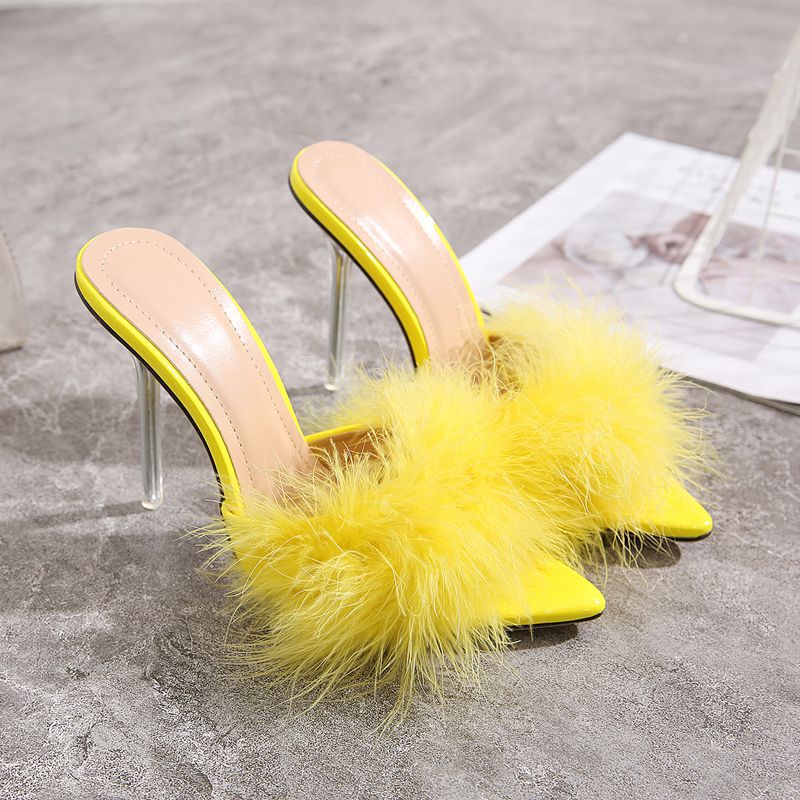Pointed hairy high-heeled slippers