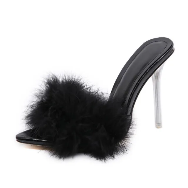 Pointed hairy high heeled slippers Black - Shop at LoveMi