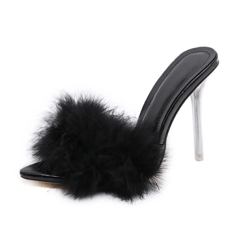 Pointed hairy high-heeled slippers - Black