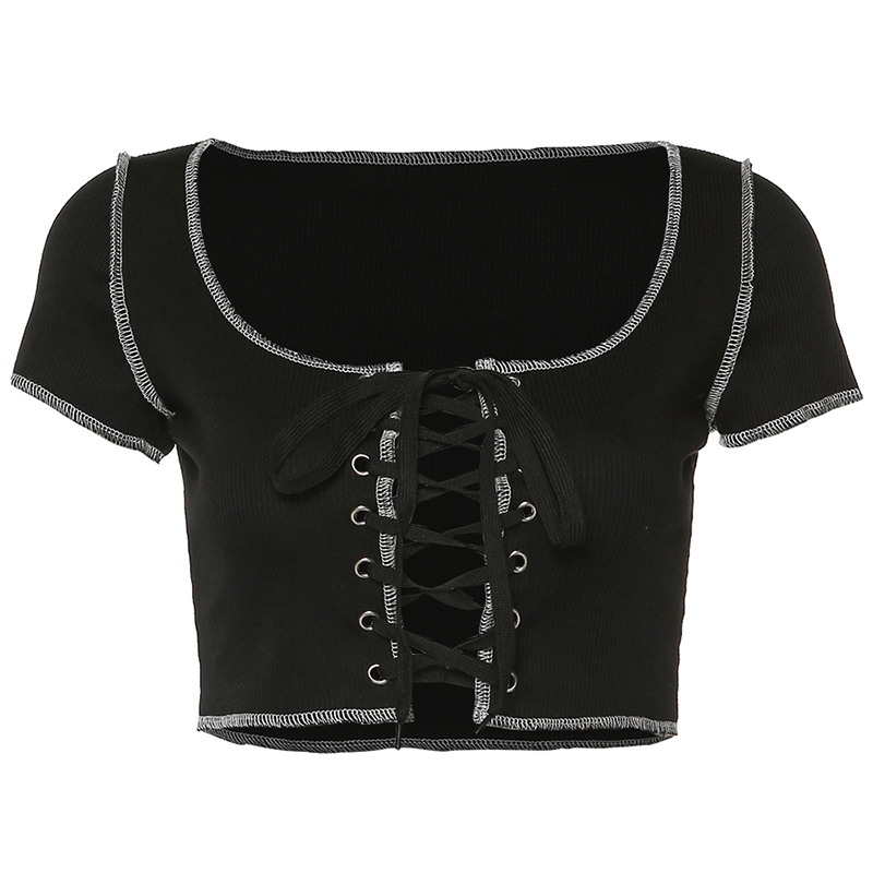 Women's open-line decorative lace-up short-sleeved t-shirt