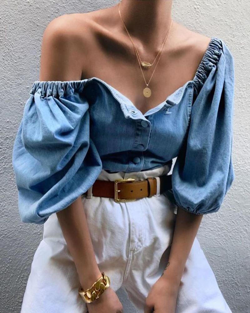 Off-the-shoulder lantern sleeve denim shirt