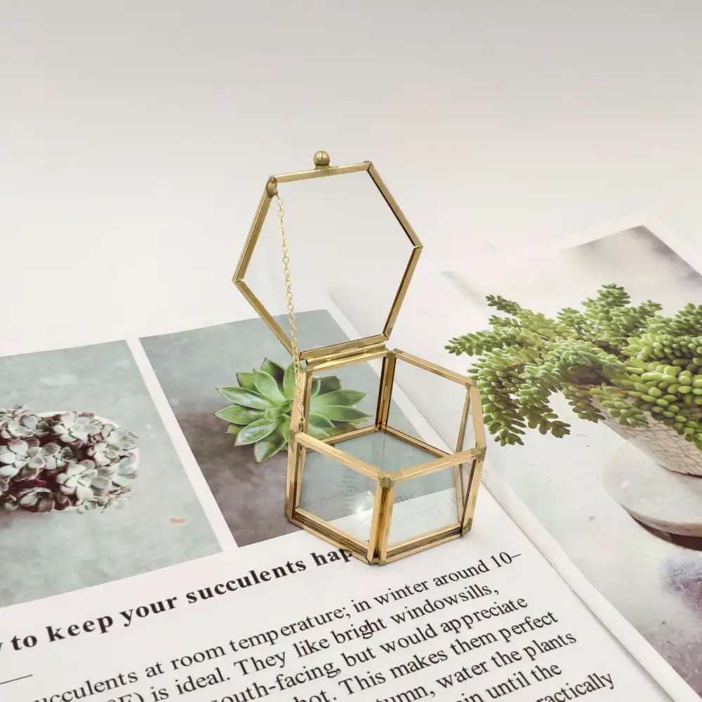 Mini Gold Eternal Flower Hexagon Glass Jewellery Ring Box
