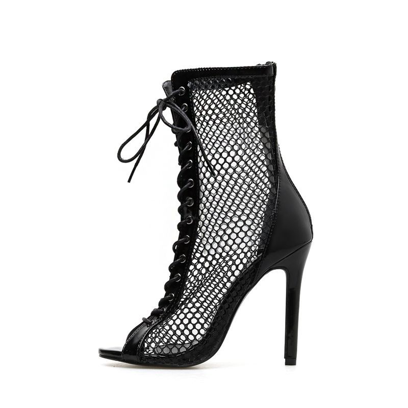 Ladies Boots Fish Mouth Net Lace Up High-Heeled