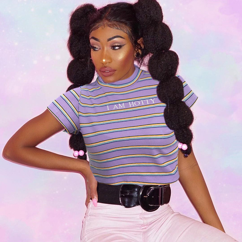 Rainbow Striped Embroidered Letter Short Sleeve