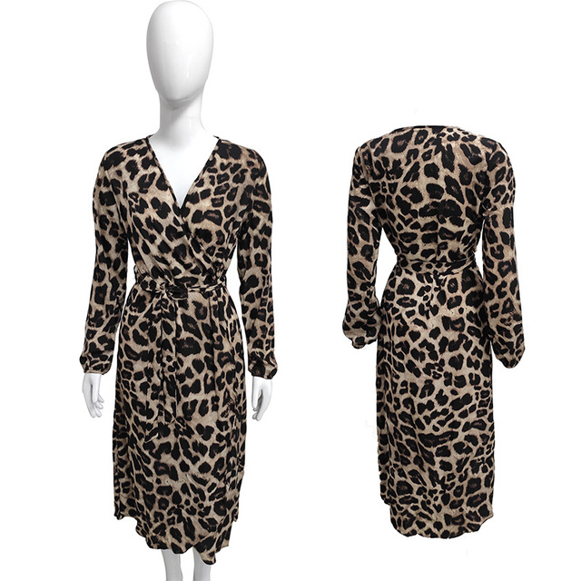 Leopard print V-neck high waist lace dress