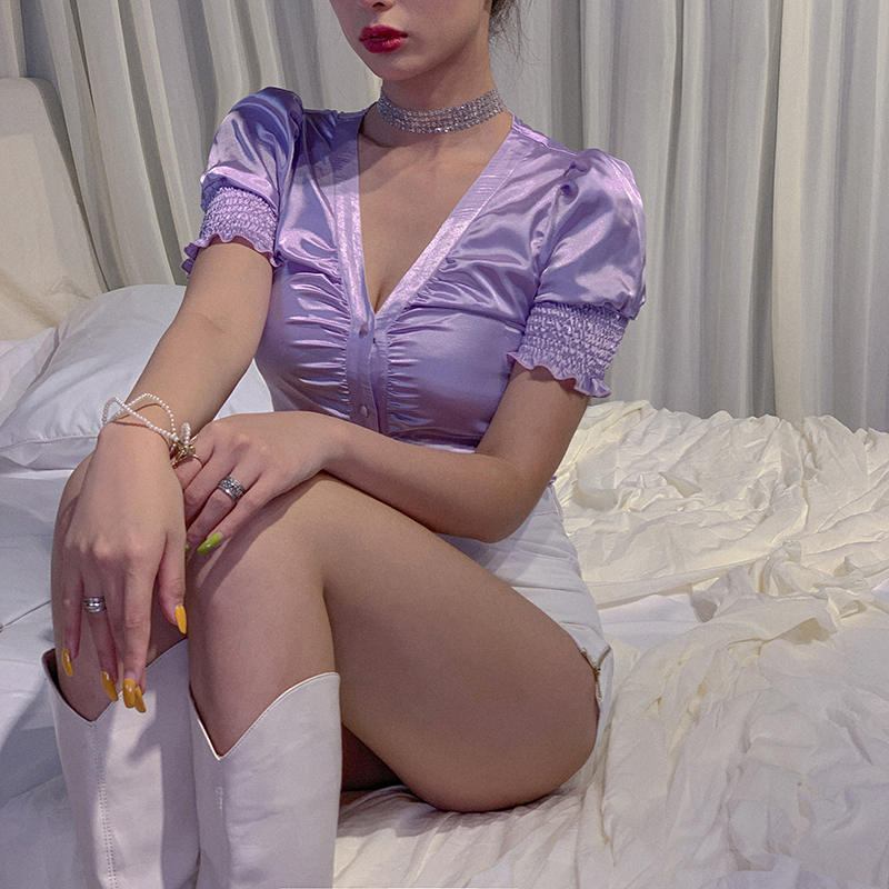 French Retro V-neck Puff Sleeve Shirt