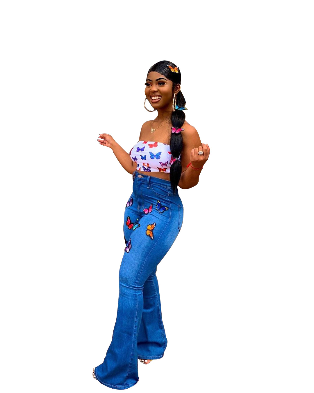 Butterfly embroidered rhinestone flared jeans