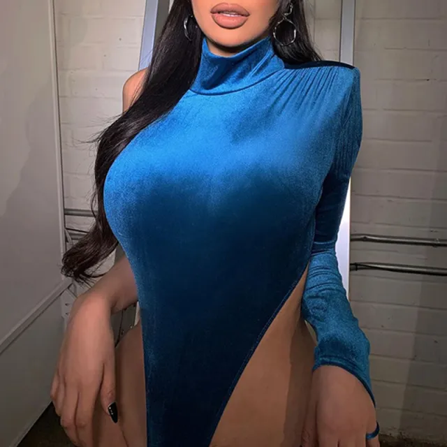 Turtleneck Velvet Bodysuit Blue - Shop at LoveMi