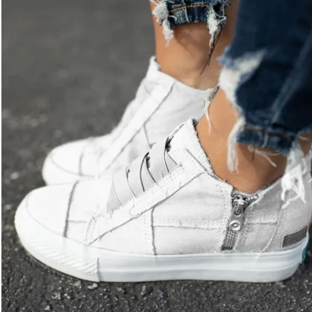 Canvas shoes women's breathable casual side zipper flat shoes White - Shop at LoveMi