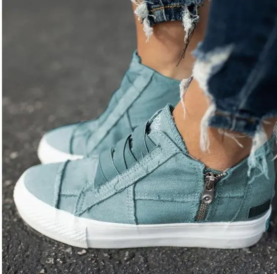 Canvas shoes women's breathable casual side zipper flat shoes Blue - Shop at LoveMi
