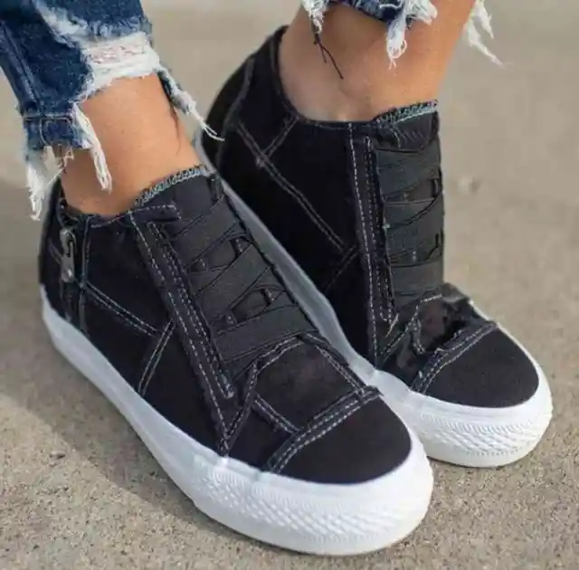Canvas shoes women's breathable casual side zipper flat shoes Black - Shop at LoveMi