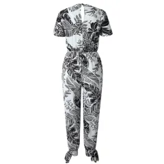 Cross V-neck belt jumpsuit - Black - View 1