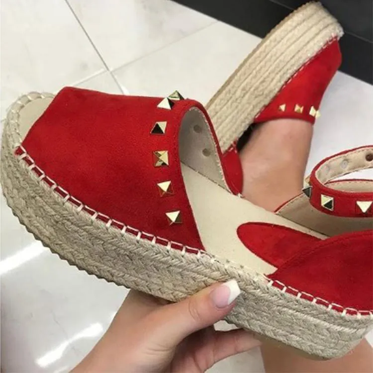 Female hemp rope thick bottom fish mouth rivet sandals - Red