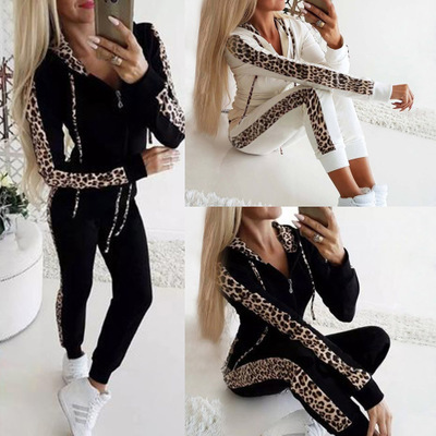 Leopard print long sleeved zipper sweater trousers set