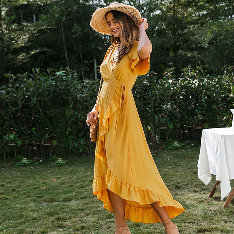 Ruffled Solid V-neck Dress